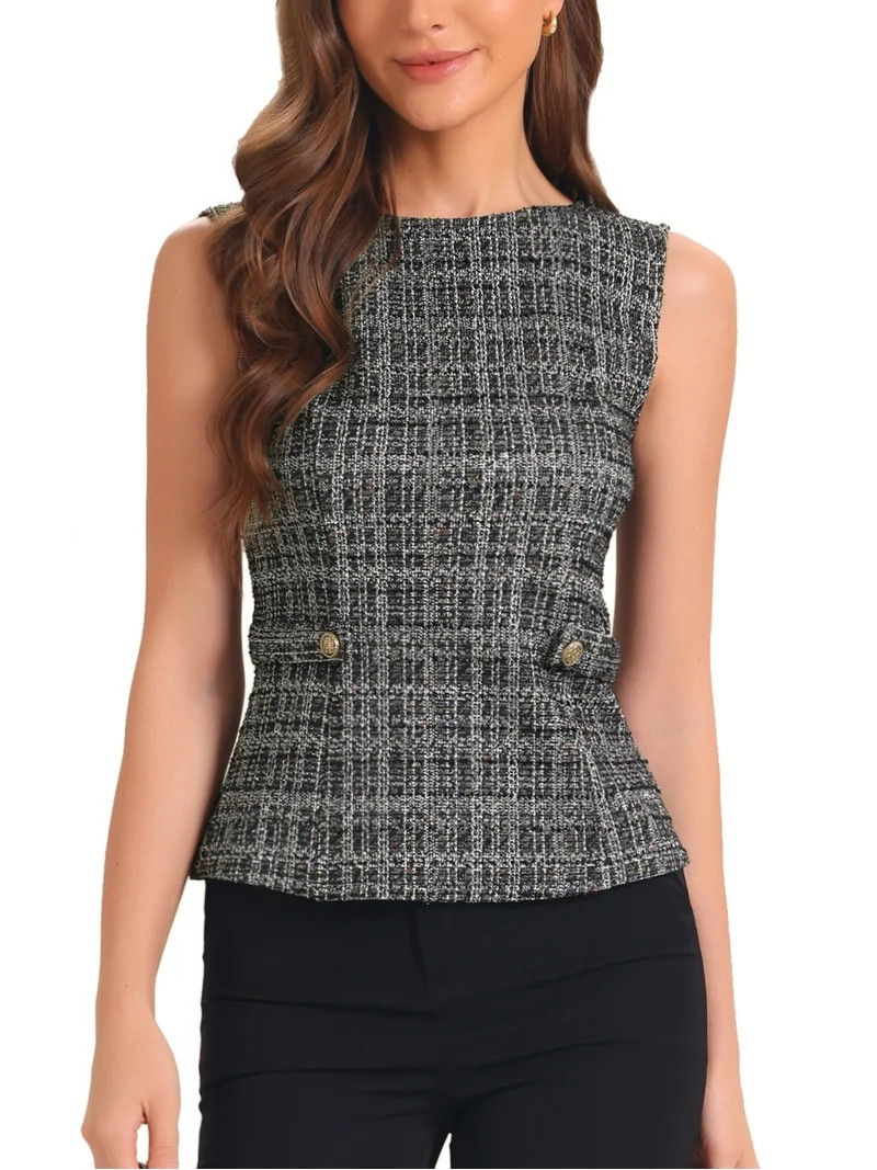 INSPIRE CHIC Tweed Top for Women Sleeveless Crew Neck Plaid Print Waist Zipper Buckle Back Blouse... | Walmart (US)