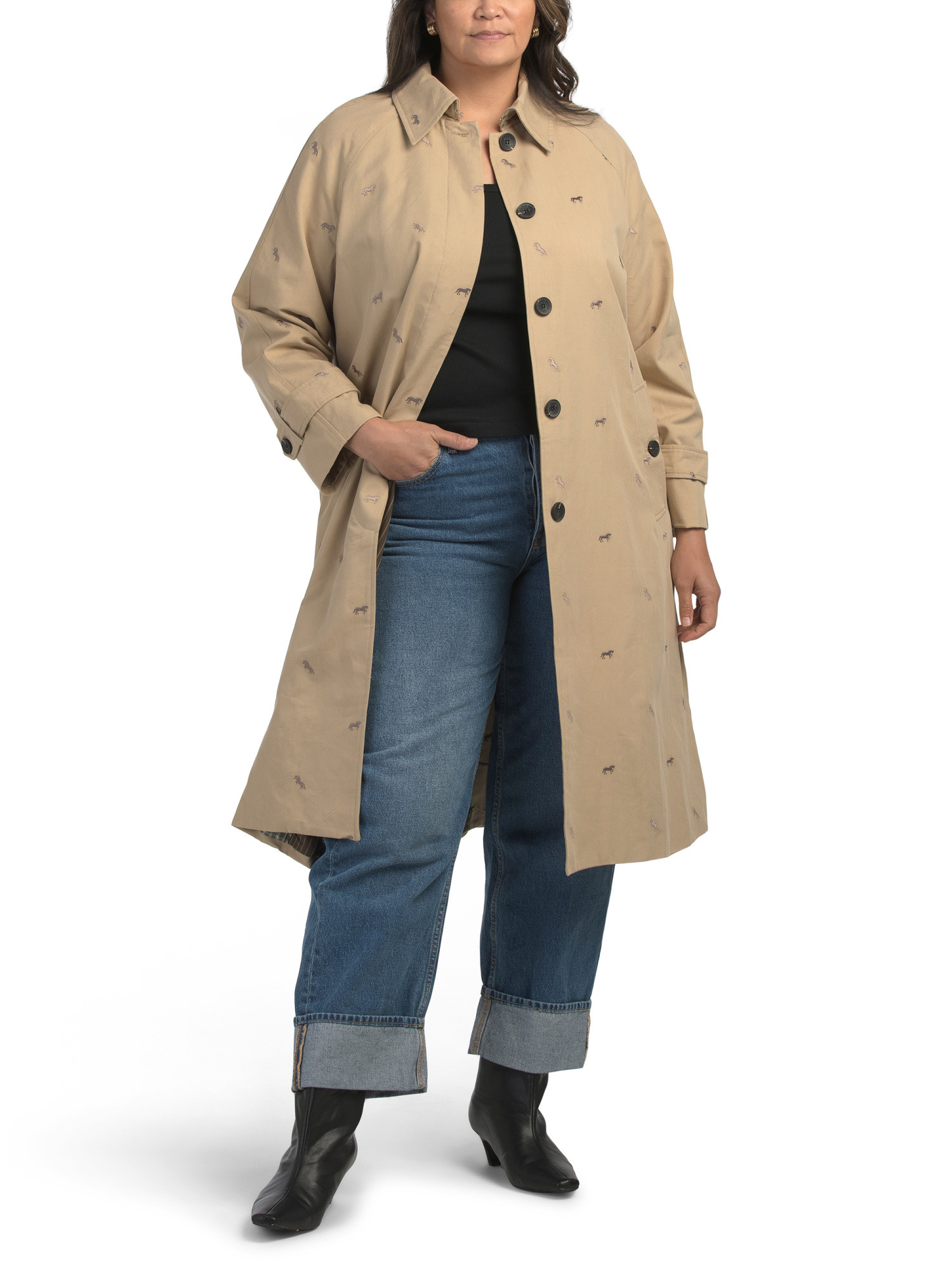 Plus Embroidered Horses Trench Coat With Back Buttons | TJ Maxx
