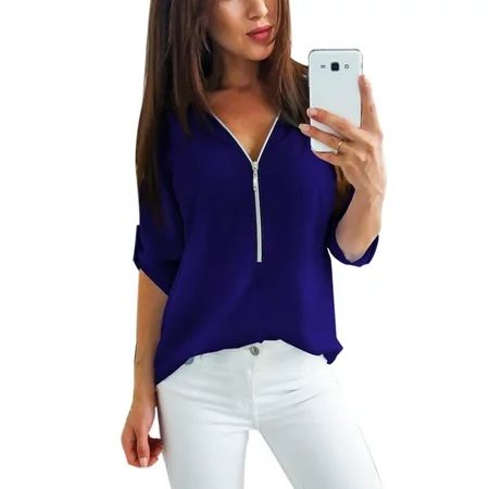 Plus Size Women V Neck Shirt Roll-Up Long Sleeve Casual Blouse Zip Tops Ladies Zipper Loose T-shirt  | Walmart (US)