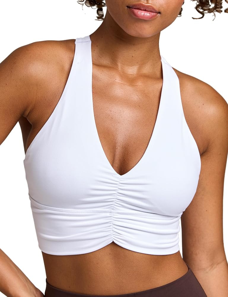 Women's Serene Scrunch Longline Sports Bra V Neck Padded Yoga Tank Wide Straps Cross Back Crop To... | Amazon (US)