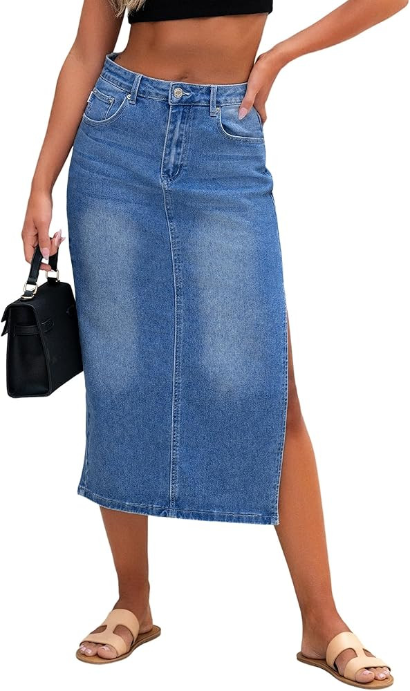 Genleck Women Denim Maxi Skirt Casual High Waist Jean Skirts with Side Split 2024 | Amazon (US)