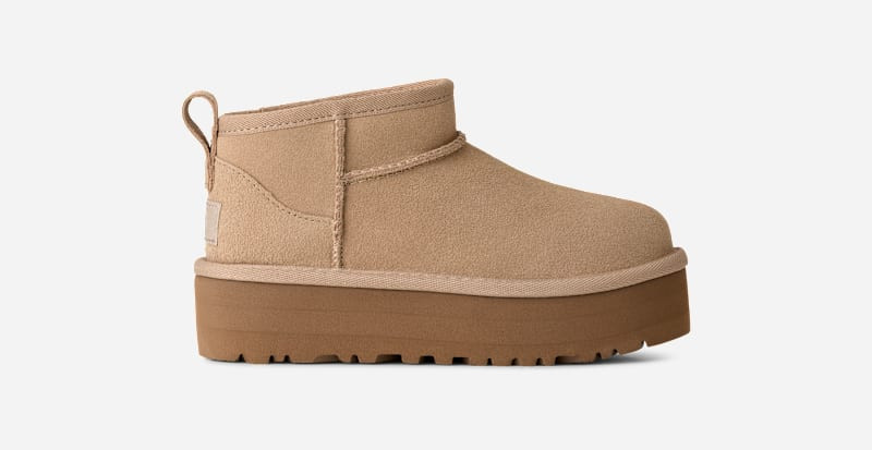 UGG® Kids' Classic Ultra Mini Platform Suede Classic Boots in Sand, Size 5K | UGG (US)