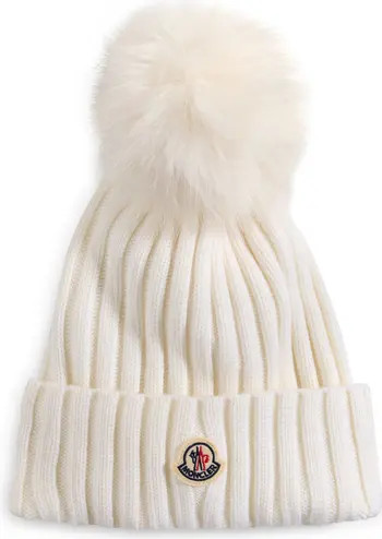 Moncler Virgin Wool Rib Beanie with Faux Fur Pompom | Nordstrom | Nordstrom