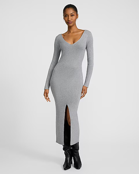 Shine Ribbed V-Neck Long Sleeve Midi Sweater Dress | Express
