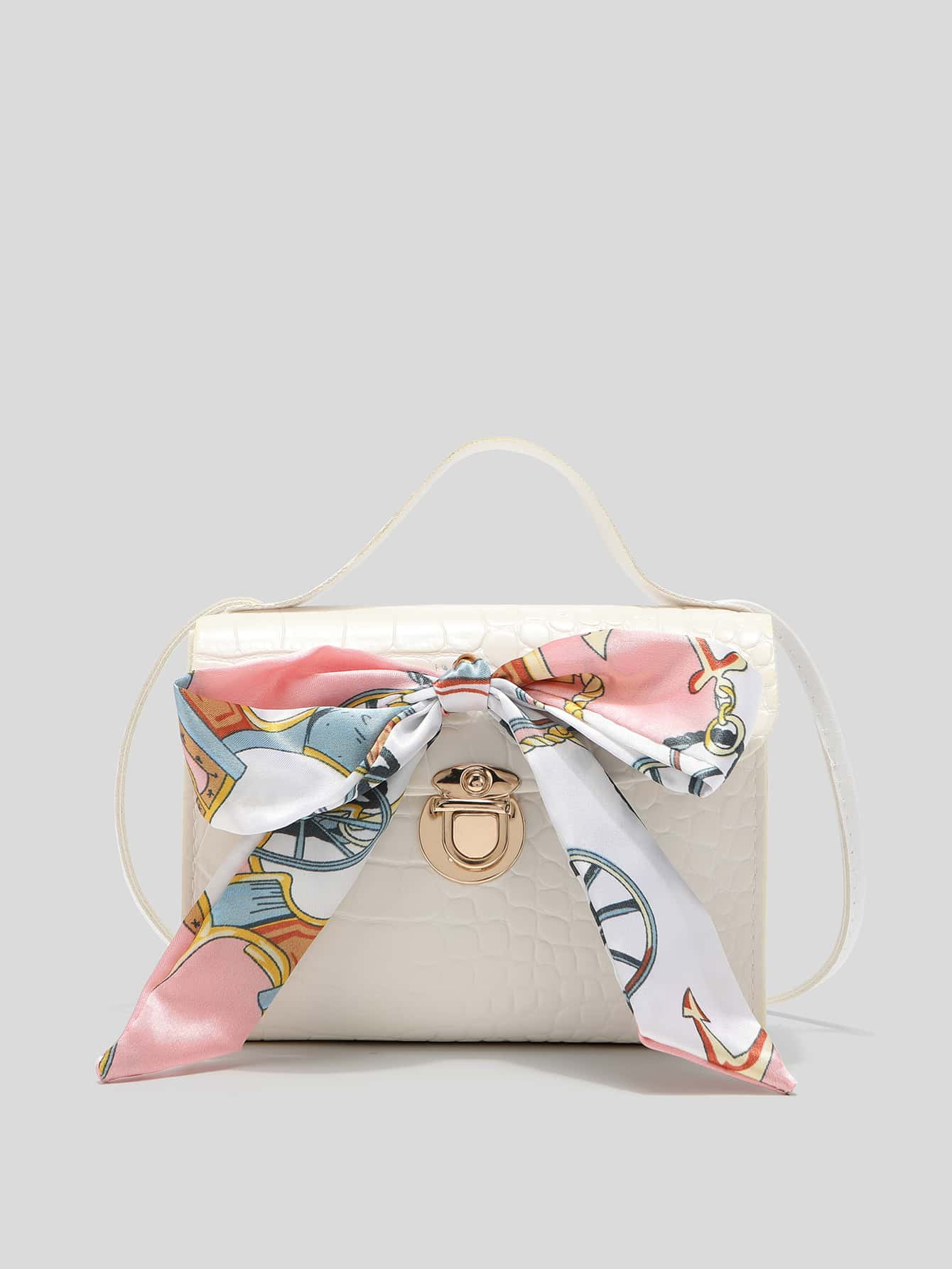 Twilly Scarf Decor Croc Embossed Satchel Bag | SHEIN