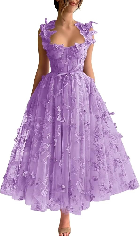 Maxianever Women's Tulle Prom Dresses 3D Butterfly Lace Applique Tea Length Sleeveless Formal Par... | Amazon (US)