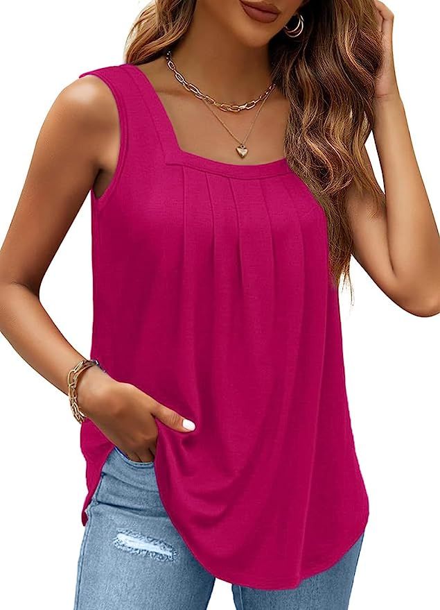 AGSEEM Summer Tank Tops for Women Loose Fit Pleated Square Neck Sleeveless Tops Curved Hem Flowy | Amazon (US)