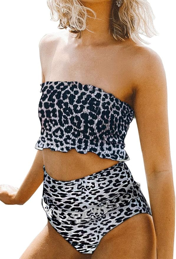 Aleumdr Womens 2 Pieces Bandeau Bikini Swimsuits Off Shoulder High Waist Bathing Suit | Amazon (US)