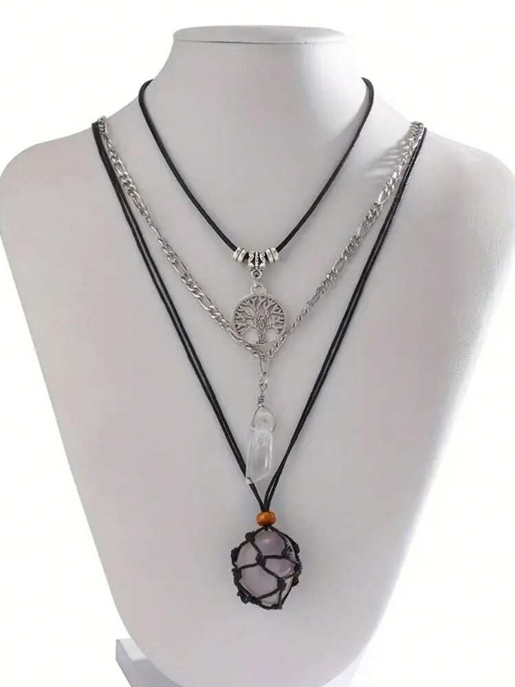 ROMWE Fairycore 3pcs Vintage Handmade Asymmetrical Gemstone Pendant Adjustable Necklace Set, Bohemian Style Women's Jewelry | SHEIN