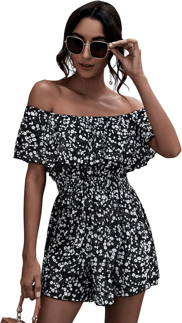 SweatyRocks Women's Boho Floral Short Sleeve Off Shoulder Ruffle Short Romper Jumpsuit | Amazon (US)