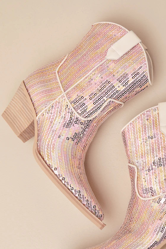 Runa Cream Sequin Western Ankle Booties | Lulus