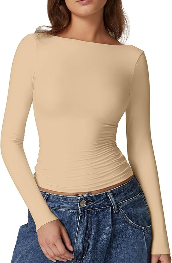 QINSEN Women's Sexy Open Back Long Sleeve Shirts High Neck Double Lined Tees Fitted Going Out Top... | Amazon (US)