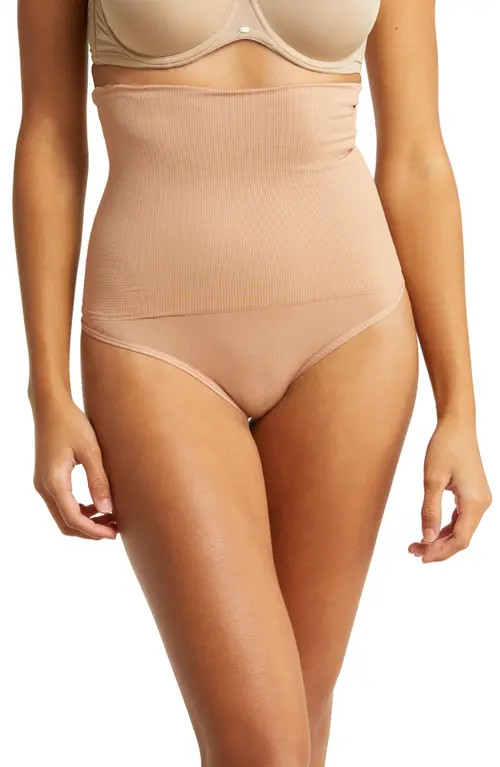 Shapermint Essentials High Waist Shaper Thong in Latte at Nordstrom, Size Medium | Nordstrom