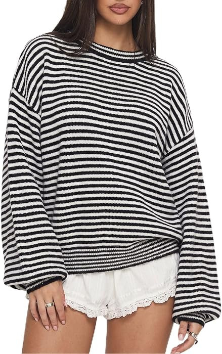 QINSEN Women's Crewneck Oversized Sweater Striped Long Sleeve Pullover Top | Amazon (US)