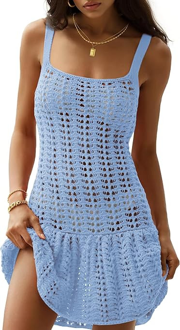 Fisoew Women's Crochet Swimsuit Cover Ups Summer Sleeveless Hollow Out Knit Swimwear Bathing Suit... | Amazon (US)