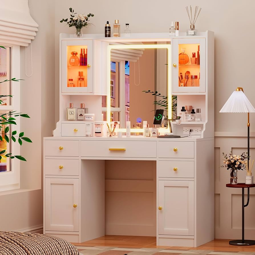 White Makeup Vanity Desk with Mirror and Lights, Large Vanity Table Set with Charging Station, Dr... | Amazon (US)