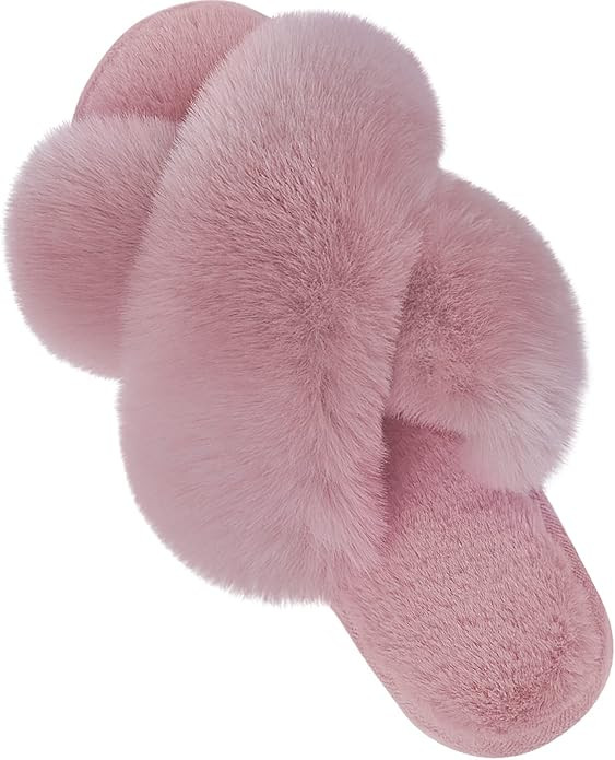 Women's Cross Band Slippers Fuzzy Soft House Slippers Plush Furry Warm Cozy Open Toe Fluffy Home ... | Amazon (US)