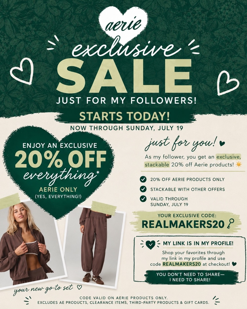 Comment below and I’ll send you the link. Make sure you’re following @justakeyatheart so you get the DM. 

🚨 My followers get an EXTRA 20% OFF at Aerie! 💚

I have an exclusive, stackable discount code just for this community! 🙌 That means you can save an extra 20% OFF your favorite Aerie styles—even on top of other eligible offers.

✨ Use code: REALMAKERS20
🛍️ Shop through the link in my profile!

I’ve been eyeing the new matching sets (they’re SO good 😍), and this is the perfect time to grab your favorites before they’re gone.

⏰ Don’t wait—this exclusive code is only available through Sunday, July 19.

Valid on Aerie products only. Excludes AE products, clearance, third-party products, and gift cards.

#Aerie #AerieRealmakers #AeriePartner #ad #realmakers  MatchingSet AerieFinds SaleAlert OOTD SummerStyle