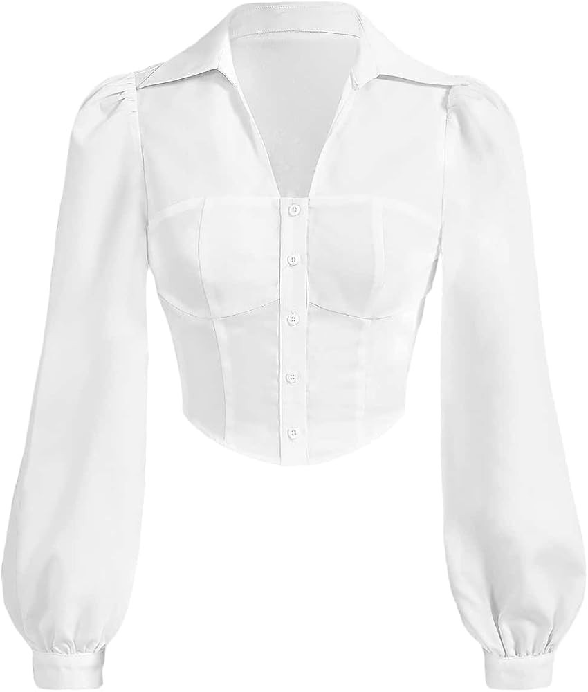 Verdusa Women's Lantern Sleeve Button Front Blouse Collar Neck Plain Shirt | Amazon (US)