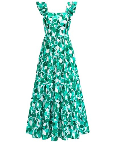 dowerme Summer Dresses for Women 2026 Casual Ruffle Smocked Tiered A-Line Boho Floral Maxi Beach Sun Dress with Pockets(Floral White Green,XX-Large) | Amazon (US)