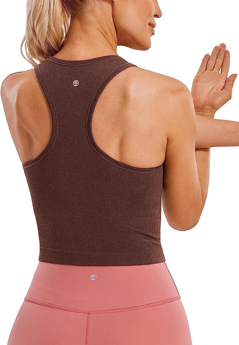 CRZ YOGA Womens Seamless Ribbed Longline High Neck Sports Bra - Racerback Padded Slim Fit Crop Ta... | Amazon (US)