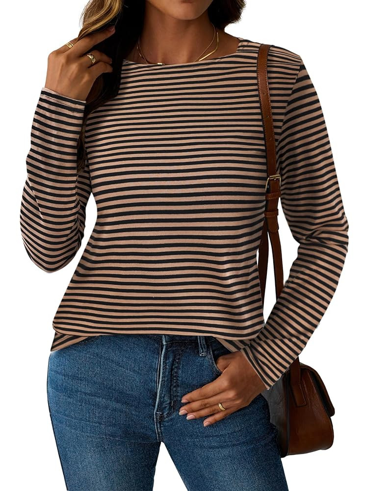 LilyCoco Womens Striped Long Sleeve Shirt Boat Neck Tops Breton Loose Fit Tshirt | Amazon (US)