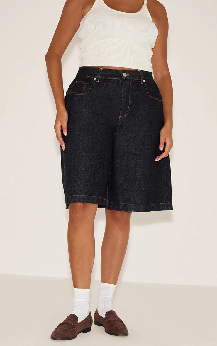 Plus Raw Indigo Wash Longline Denim Jorts | PrettyLittleThing US