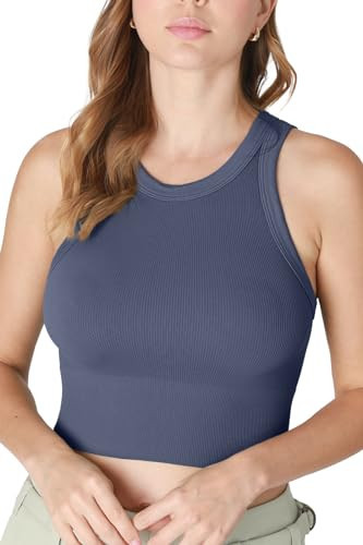 NIKIBIKI Women Seamless Ribbed High Neck Crop Top, Made in U.S.A, One Size (Blue Shadow) | Amazon (US)