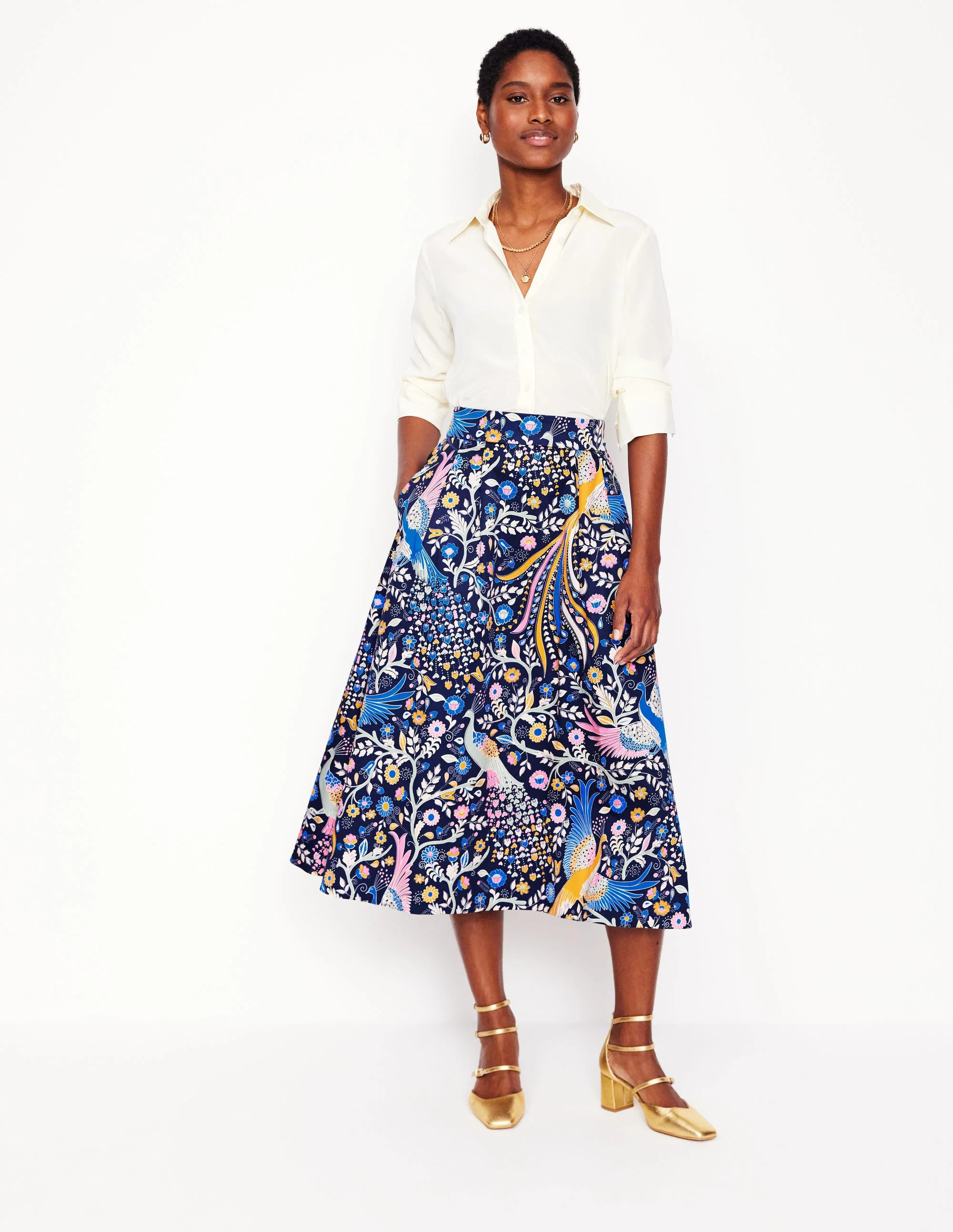 Isabella Cotton Sateen Skirt-French Navy,Enchanting Peacock | Boden (US)