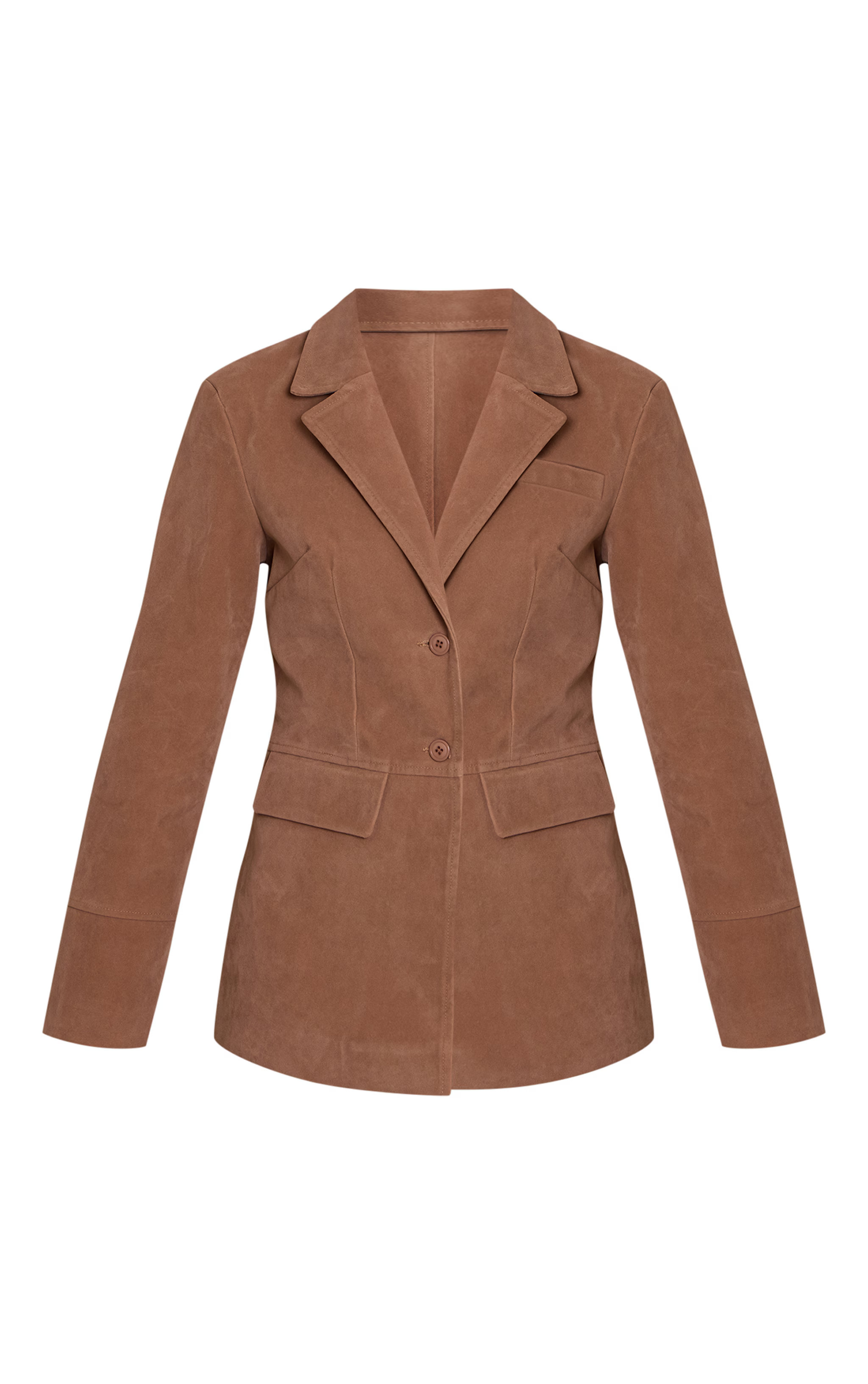 Brown Faux Suede Pocket Detail Cinched Waist Blazer | PrettyLittleThing UK