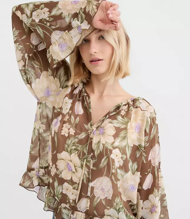 Floral Tie Neck Bell Sleeve Blouse | LOFT