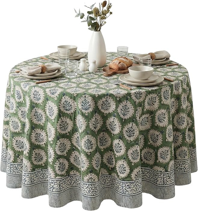 ATOSII Kari Green 100% Cotton Round Boho Spring Summer Tablecloth, Block Print Floral Table Cloth... | Amazon (US)
