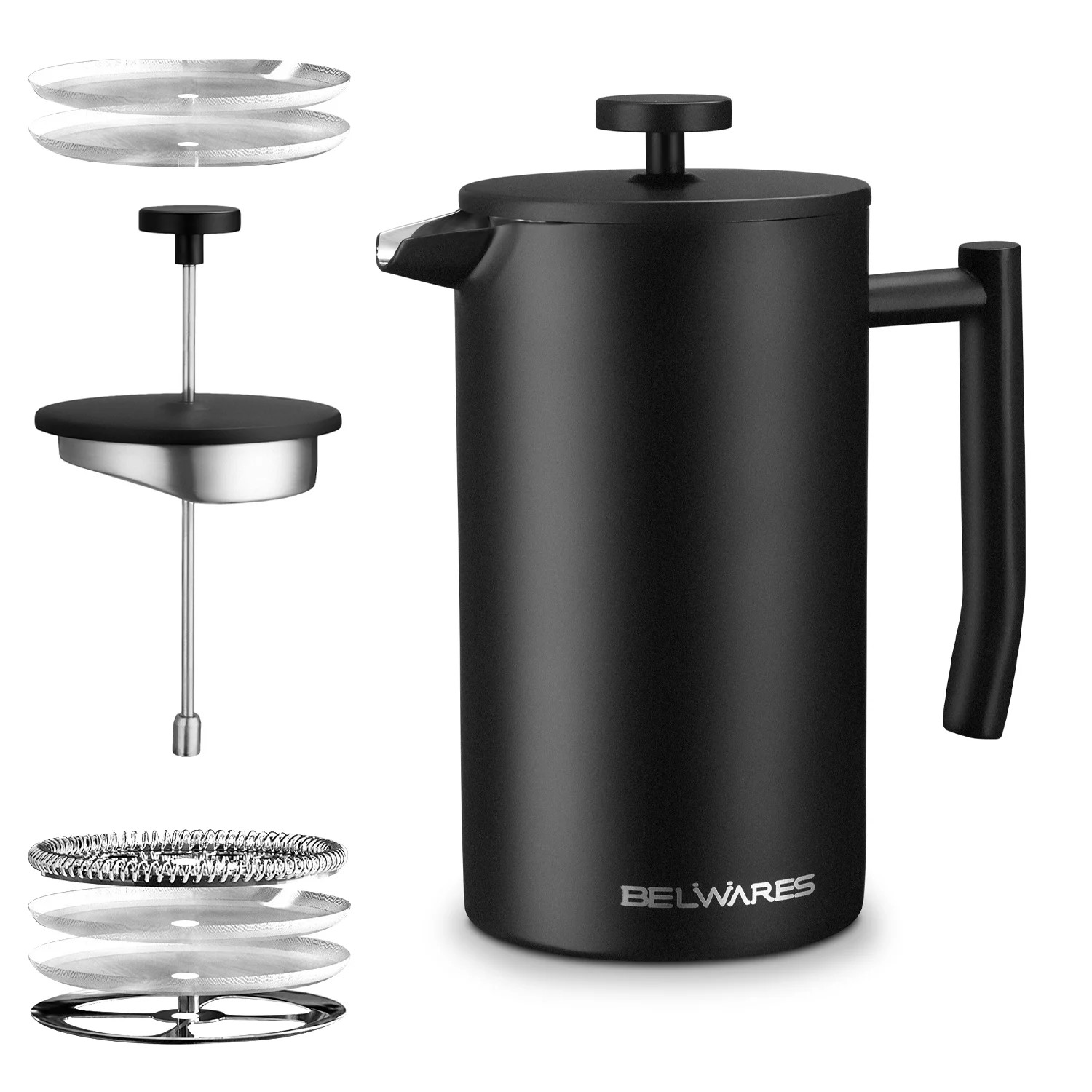 Belwares French Press Coffee Maker, Double Wall Stainless Steel with Extra Filters, 34 Oz Black | Walmart (US)