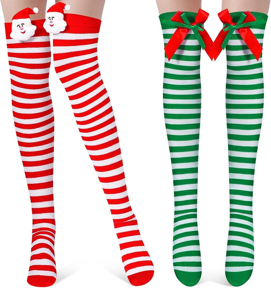 Loopeer 2 Pairs Christmas Thigh High Socks Halloween Women Striped Over Knee Stockings Candy Cane... | Amazon (US)