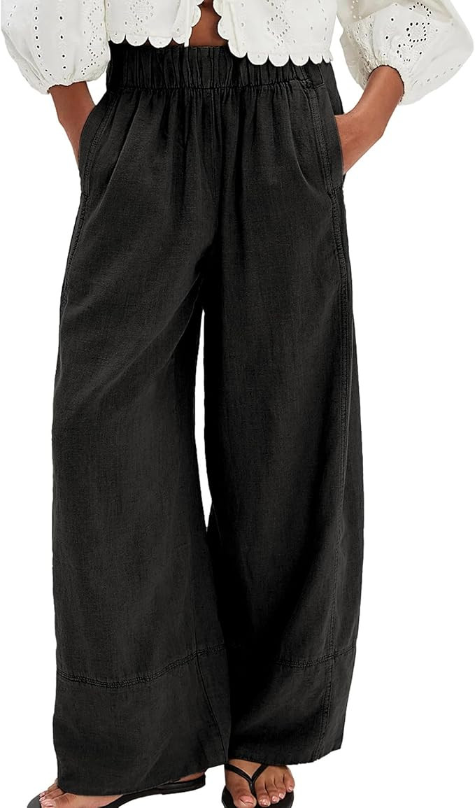 Songling Wide Leg Linen Pants for Women Summer Cotton Casual Palazzo Pant Boho Flowy Beach Pants ... | Amazon (US)