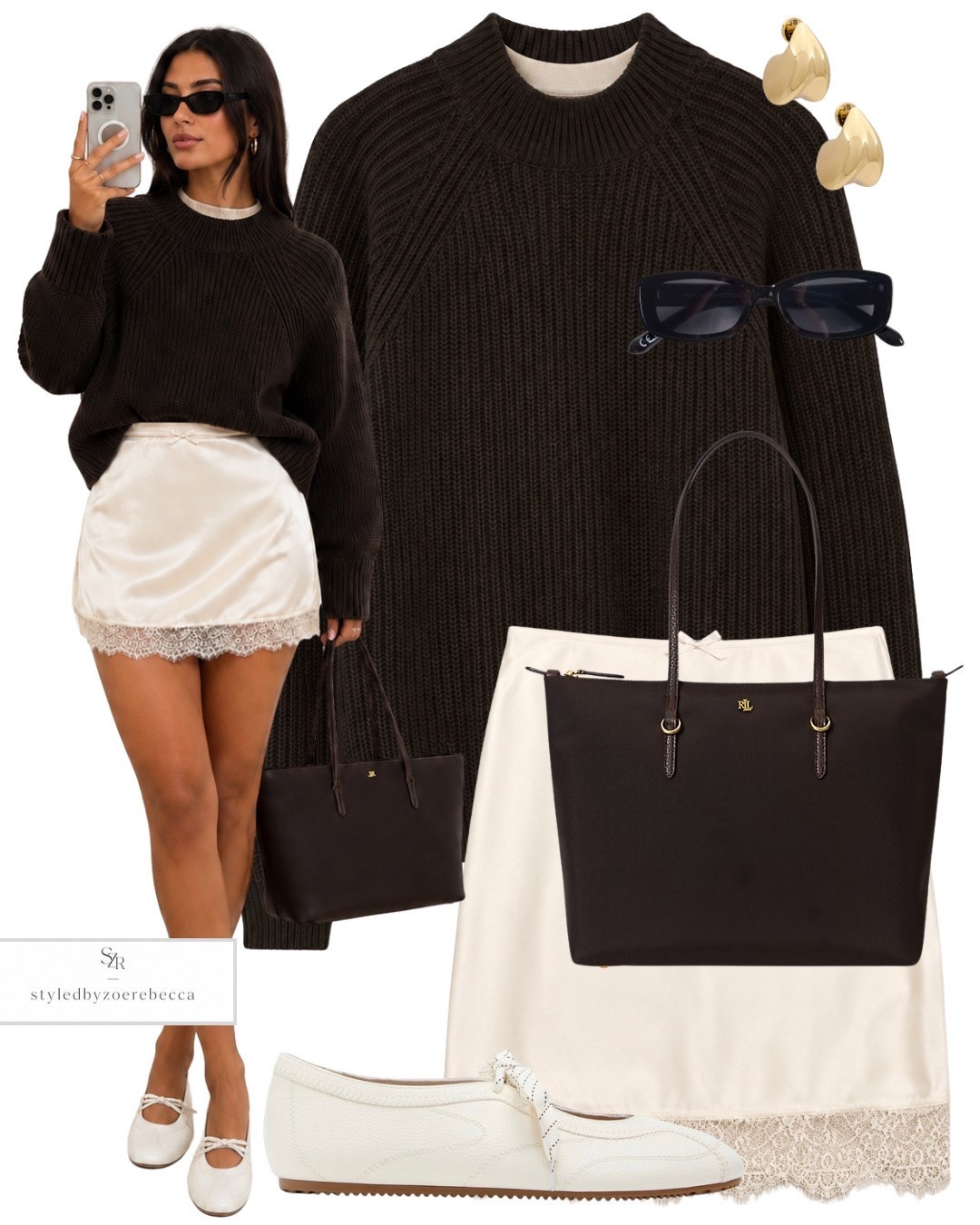 Chocolate brown and cream autumn outfit 🤎 Layering a cream shirt under a chunky knit jumper with just the neckline showing, styled with a satin lace mini skirt and ballet flats for an easy feminine transitional look. Finished with a classic brown tote and gold accessories.

#AutumnLayering #AutumnOutfitIdeas #TransitionalOutfits #SatinSkirt #BrownOutfit

#LTKuk #LTKautumn #LTKstyletip