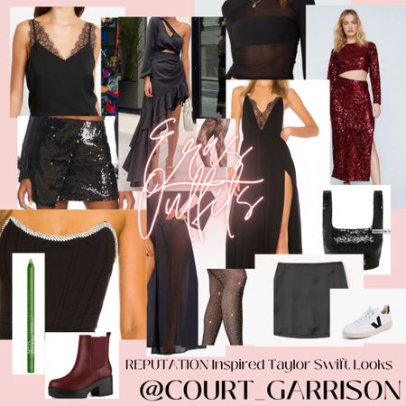 Taylor Swift Outfit Ideas: REPUTATION Eras Tour Looks! Included sequin skirts, a sheer coverup, corset style top, black satin and lace, & multiple Taylor Swift Concert looks! 🐍🐍🐍🐍
.
.
Some sneakers and some REPUTATION booties to choose from, I linked some sparkly tights too 🐍 
.
.
.
#erastour #Rep #Reputation #nashvilleoutfit #countryconcert #dresses #vacationoutfit #taylorswift #sequin 
#swifties #sparkletights 

#LTKstyletip #LTKFestival #LTKFind