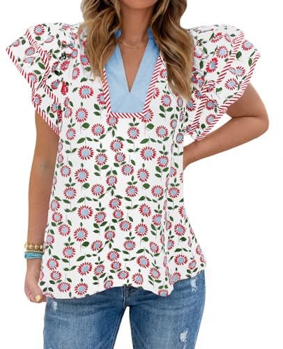 Tankaneo Womens Ruffle Sleeve Floral Blouses Summer Dressy Casual V Neck Tops Loose Fit Pleated Flowy Shirts Pink | Amazon (US)