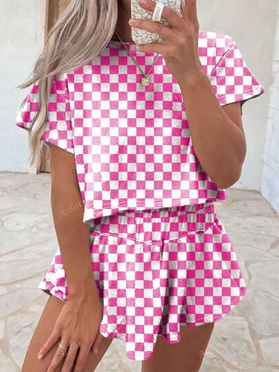 Acelitt Summer Brown Checkerboard Printed T-Shirt And High Waisted Short Skirt Two Pieces Set For... | SHEIN