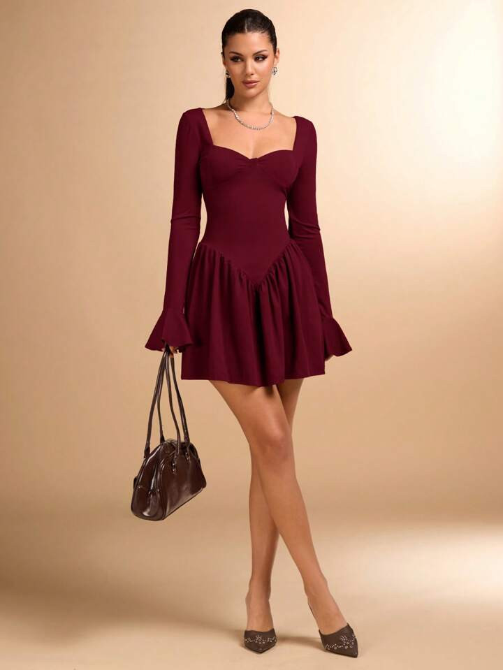 SHEIN BAE Autumn And Winter New Year's Dress New Year's Dress Christmas Wear Square Collar Elegant Inner Dress Long Sleeve Dress Solid Color Coffee Color Dress | SHEIN