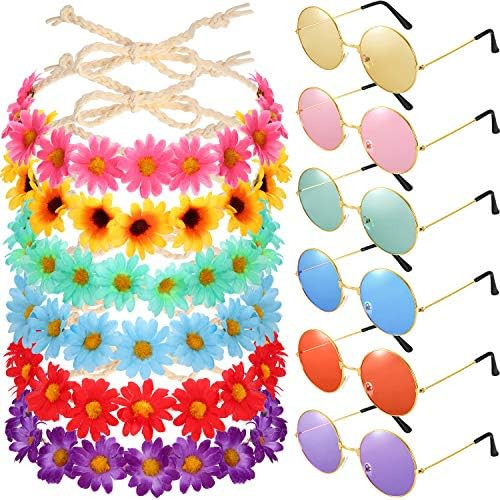12 Pieces Hippie Headband Glasses Costume Set, Includes 6 Pieces Multicolor Girl Lady Sunflower Flow | Amazon (US)