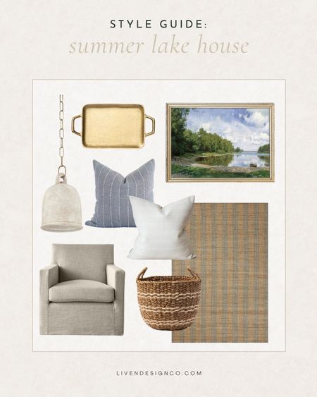 Style guide. Lake house style. Home decor. Summer decor. Living room decor. Home accents. Chambray blue pillow. Pillow cover. Striped pillows. White pillow. Textured pillow. Neutral natural striped area rug. Coastal decor. Cottage chic. Slipcovered linen armchair. Cozy living room. Casual decor. Neutral decor. Brass decorative tray. Coffee table decor. White pendant. Industrial pendant. Caged pendant. White pendant. Lake painting. Landscape painting. Woven basket. Seagrass basket. Storage basket. Basket with handles. Rattan.  #LTKhome #LTKseasonal #LTKstyletip #LTKfindsunder100 #LTKfindsunder50 

#LTKSeasonal #LTKHome #LTKStyleTip