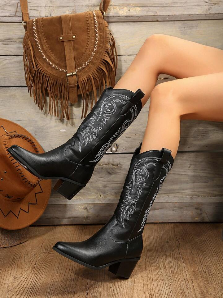 Western Embroidery Detail Chunky Heel Boots, Vintage Knight Boots | SHEIN