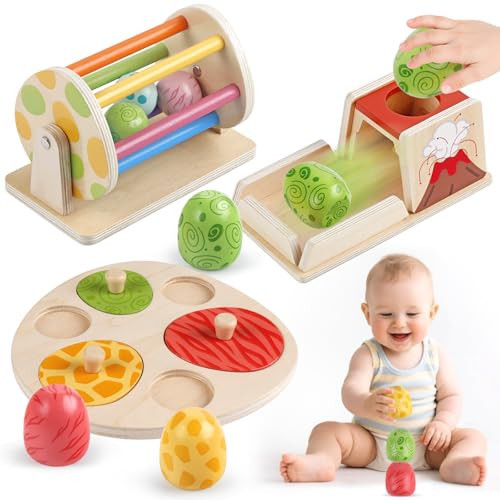 Montessori Toys for 6 Month Old, Wooden Baby Toys for 6 7 8 9 Month Old Dinosaur Egg Ball Drop Toy Wooden Puzzles Spinning Drum Baby Ball Toy for Infant Toddlers 1 2 3 Christmas Birthday Gift | Amazon (US)