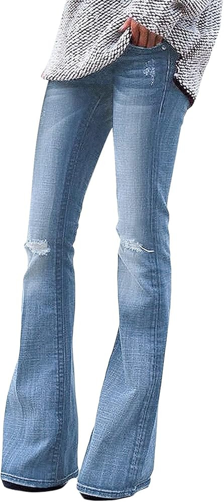 luvamia Women's Ripped Flare Bell Bottom Jeans Pants Retro Wide Leg Denim Pants | Amazon (US)
