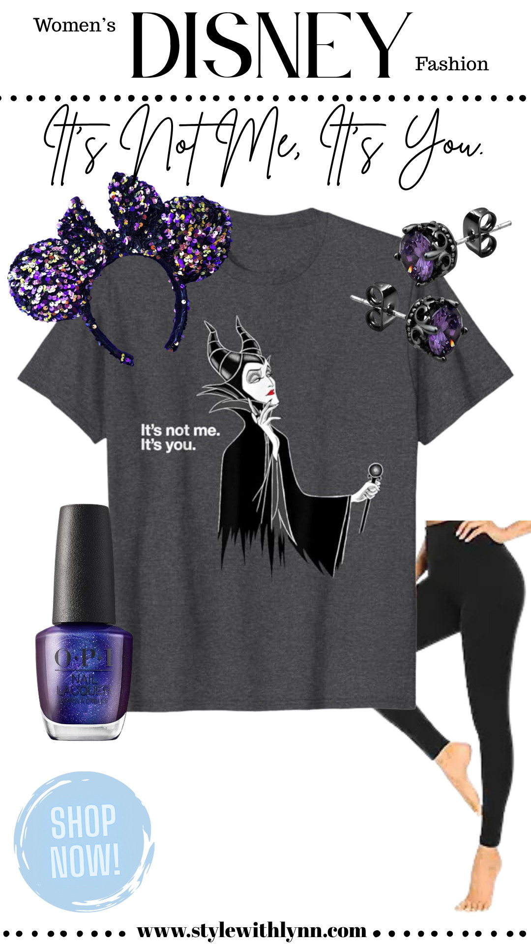 Serving up fierce Disney villain style with this Maleficent-inspired outfit!  This women’s Disney graphic tee is perfect for your next park day or a villain-themed party, styled with comfy black leggings, sparkly purple Minnie ears, amethyst stud earrings, and a bold purple OPI nail polish to finish the look.  Channel your inner baddie and make a statement with “It’s not me. It’s you.”

🛒 Shop this full Disney villain look now on my LTK!

#DisneyStyle #DisneyFashion #MaleficentOutfit #VillainVibes #DisneyParksOutfit #LTKFinds #LTKStyle #DisneyBound #ShopLTK 

 #LTKTravel