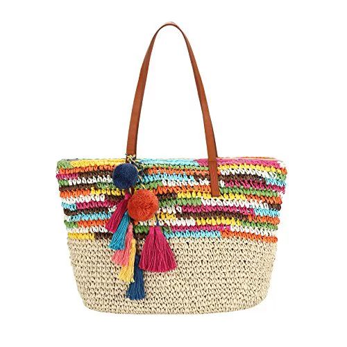 Daisy Rose Large Straw Beach Tote Bag with Pom Poms and Inner Pouch -Vegan Leather Handles (Brigh... | Walmart (US)