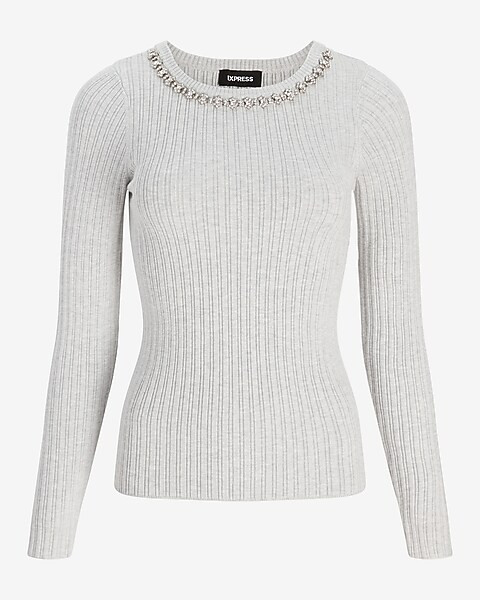 Ribbed Embellished Crew Neck Sweater | Express