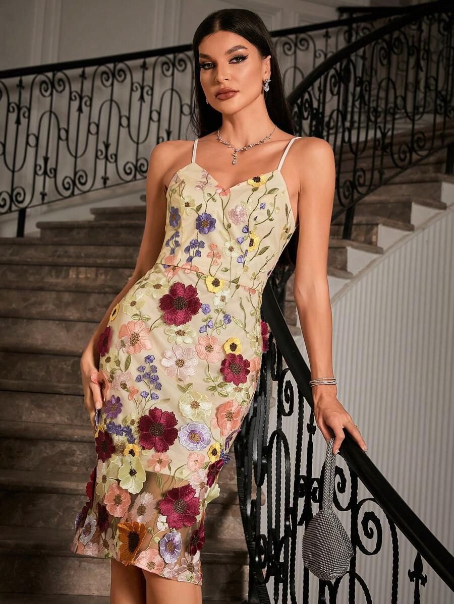 SHEIN BAE Women's Floral Embroidery Mesh Spaghetti Strap Dress | SHEIN