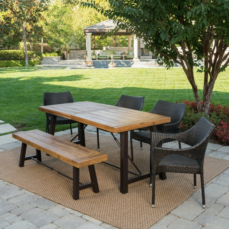 Meg Outdoor 6 Piece Acacia Wood Dining Set with Wicker Stacking Chairs, Teak Finish, Multibrown | Walmart (US)